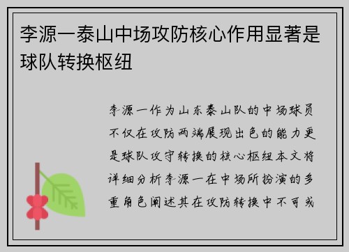 李源一泰山中场攻防核心作用显著是球队转换枢纽