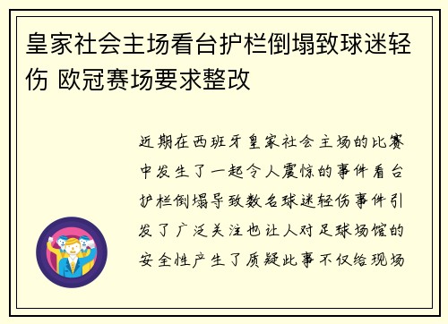 皇家社会主场看台护栏倒塌致球迷轻伤 欧冠赛场要求整改