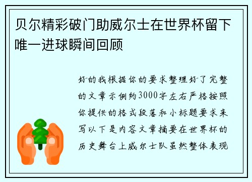 贝尔精彩破门助威尔士在世界杯留下唯一进球瞬间回顾